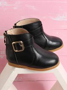 Girls Buckle Decor Back Zipper Boots - Black - View 2