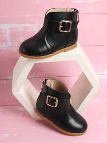 Girls Buckle Decor Back Zipper Boots - Black - View 3