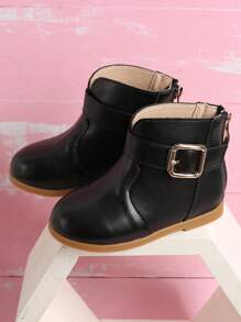 Girls Buckle Decor Back Zipper Boots - Black - View 4