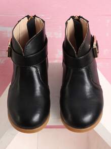 Girls Buckle Decor Back Zipper Boots - Black - View 5