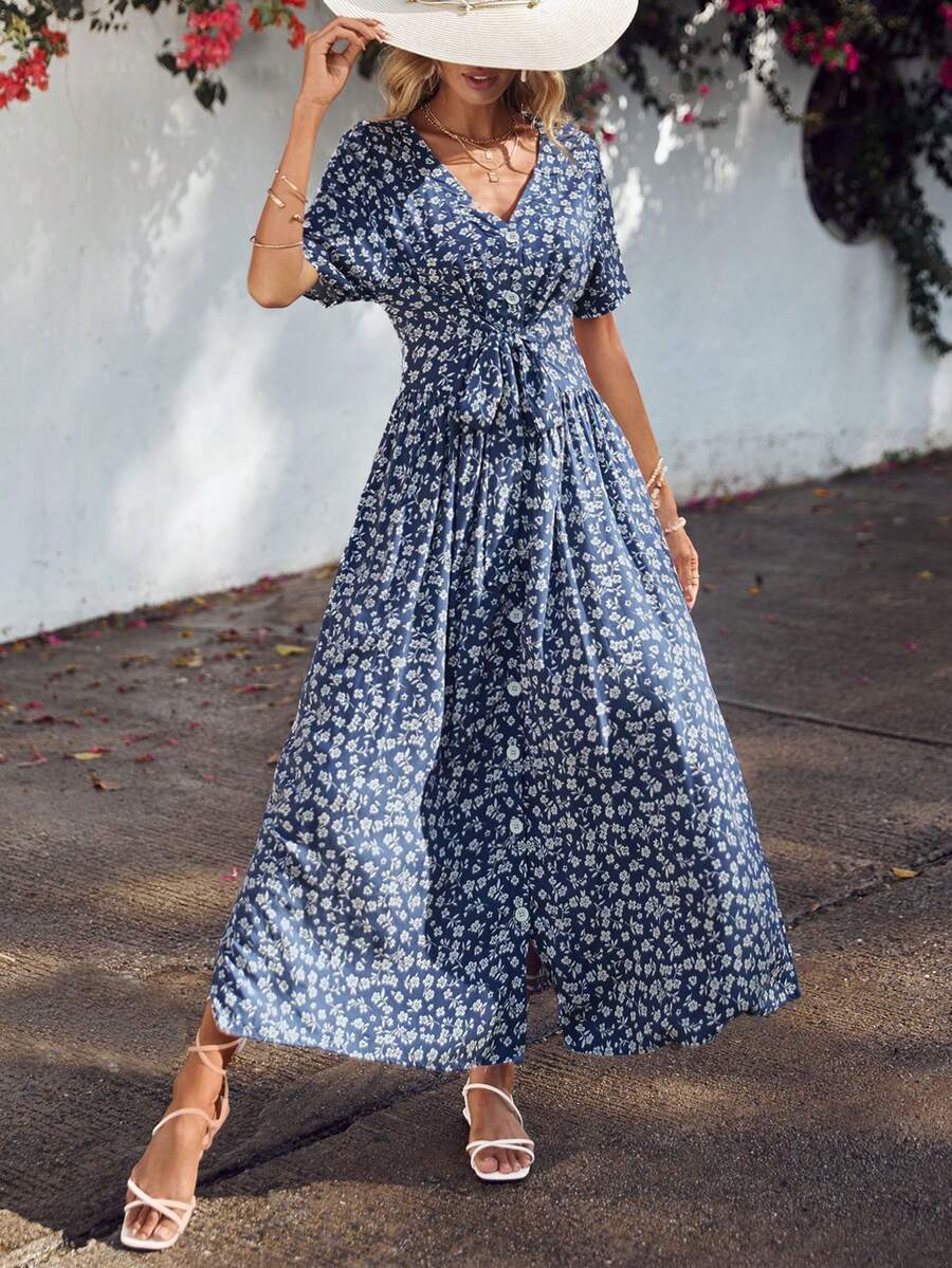 EURMUSE Ditsy Floral Print Tie Front Dress - Blue - View 1