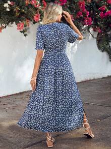 EURMUSE Ditsy Floral Print Tie Front Dress - Blue - View 2