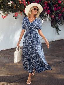 EURMUSE Ditsy Floral Print Tie Front Dress - Blue - View 4