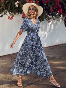 EURMUSE Ditsy Floral Print Tie Front Dress - Blue - View 5