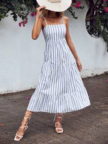 Cottnline Striped Print Ruffle Hem Cami Dress - Blue and White - View 1