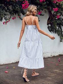 Cottnline Striped Print Ruffle Hem Cami Dress - Blue and White - View 2