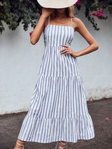 Cottnline Striped Print Ruffle Hem Cami Dress - Blue and White - View 3