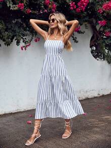 Cottnline Striped Print Ruffle Hem Cami Dress - Blue and White - View 4