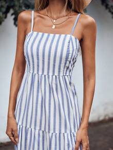 Cottnline Striped Print Ruffle Hem Cami Dress - Blue and White - View 5