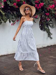 Cottnline Striped Print Ruffle Hem Cami Dress - Blue and White - View 6