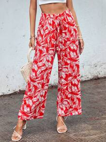 Tropical Print Tie Front Wide Leg Trousers - Red - View 1