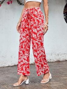 Tropical Print Tie Front Wide Leg Trousers - Red - View 3