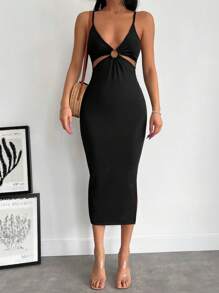 EURMUSE O-ring Cut Out Front Cami Bodycon Dress - Black - View 1
