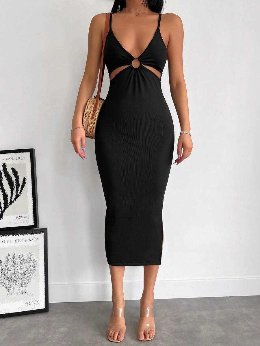 EURMUSE O-ring Cut Out Front Cami Bodycon Dress - Black - View 1