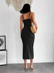 EURMUSE O-ring Cut Out Front Cami Bodycon Dress - Black - View 2