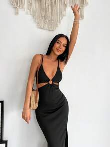 EURMUSE O-ring Cut Out Front Cami Bodycon Dress - Black - View 3