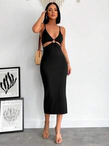 EURMUSE O-ring Cut Out Front Cami Bodycon Dress - Black - View 4