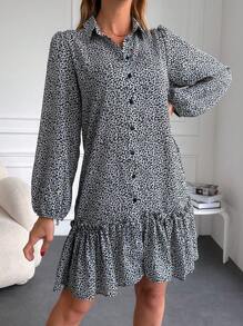 Vestido smock con estampado de manga farol bajo con fruncido - Negro - Ver 1