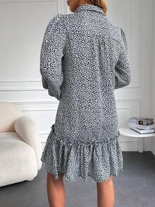 Vestido smock con estampado de manga farol bajo con fruncido - Negro - Ver 2