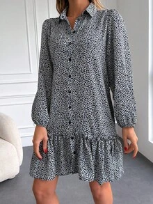 Vestido smock con estampado de manga farol bajo con fruncido - Negro - Ver 5