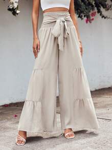 EURMUSE Shirred Waist Tie Front Wide Leg Trousers - Apricot - View 1
