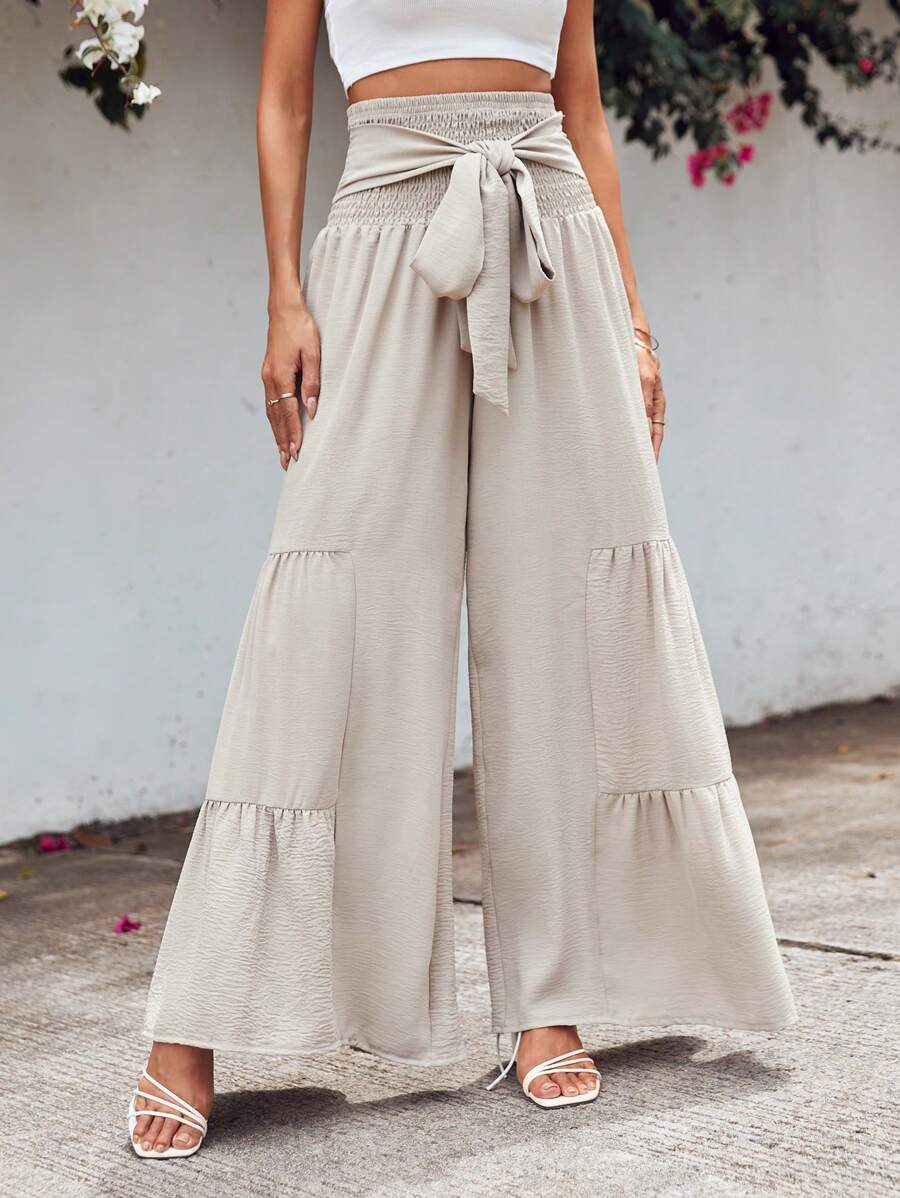 EURMUSE Shirred Waist Tie Front Wide Leg Trousers - Apricot - View 1