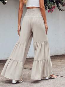 EURMUSE Shirred Waist Tie Front Wide Leg Trousers - Apricot - View 2