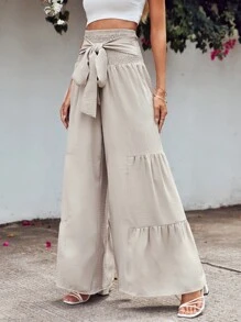 EURMUSE Shirred Waist Tie Front Wide Leg Trousers - Apricot - View 3