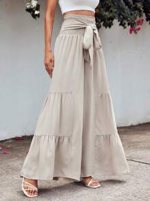 EURMUSE Shirred Waist Tie Front Wide Leg Trousers - Apricot - View 4