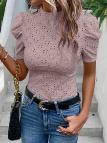 EMERY ROSE Áo thun nữ Tranh thêu màu trơn Giải trí - Bụi hồng - Xem 1