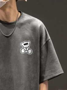 男士卡通圖案落肩T恤 - 深灰色 - 查看 3