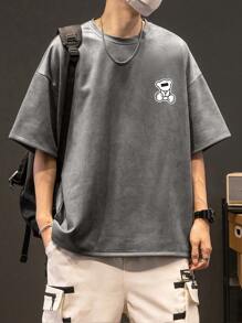 男士卡通圖案落肩T恤 - 深灰色 - 查看 4