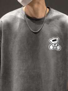 男士卡通圖案落肩T恤 - 深灰色 - 查看 5