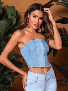 SHEIN Essnce Áo khoác denim nữ Bất đối xứng Nút Hem thô Dây kéo Khối Màu Giải trí - Rửa nhẹ - Xem 3