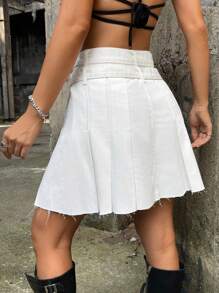 SHEIN ICON Váy denim nữ Thắt lưng Xếp li Thùa khuyết màu trơn - trắng - Xem 2