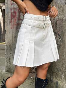 SHEIN ICON Váy denim nữ Thắt lưng Xếp li Thùa khuyết màu trơn - trắng - Xem 3