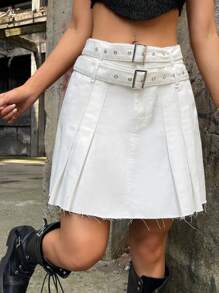 SHEIN ICON Váy denim nữ Thắt lưng Xếp li Thùa khuyết màu trơn - trắng - Xem 1