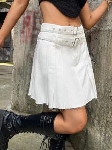 SHEIN ICON Váy denim nữ Thắt lưng Xếp li Thùa khuyết màu trơn - trắng - Xem 6