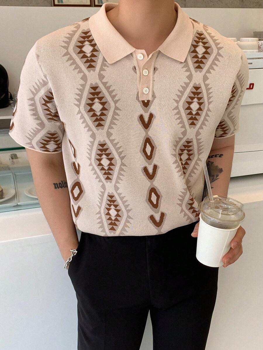 DAZY Men Geo Pattern Polo Neck Knit Top - Khaki - View 1