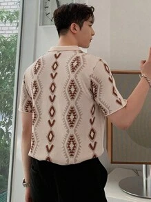 DAZY Men Geo Pattern Polo Neck Knit Top - Khaki - View 2