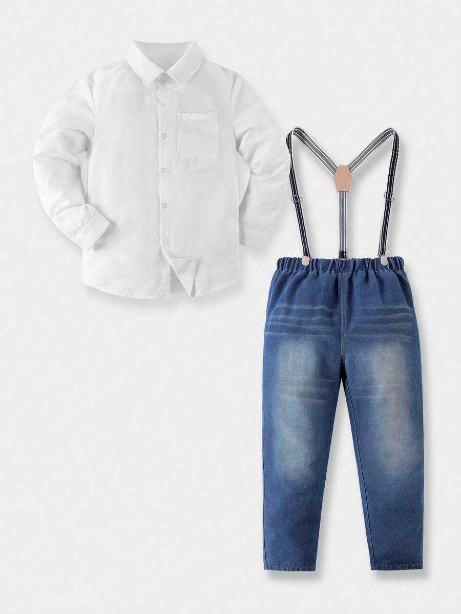 Bộ hai mảnh Trai Túi Denim mùa giặt Nút phía trước Khối Màu Giải trí - Xanh và trắng - Xem 1