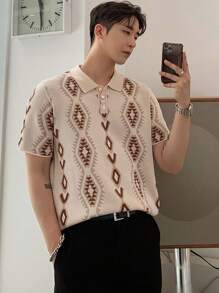 DAZY Men Geo Pattern Polo Neck Knit Top - Khaki - View 3