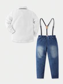 Bộ hai mảnh Trai Túi Denim mùa giặt Nút phía trước Khối Màu Giải trí - Xanh và trắng - Xem 2