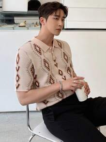 DAZY Men Geo Pattern Polo Neck Knit Top - Khaki - View 4