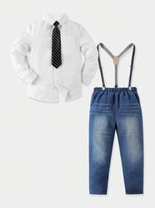 Bộ hai mảnh Trai Túi Denim mùa giặt Nút phía trước Khối Màu Giải trí - Xanh và trắng - Xem 4