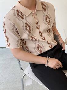 DAZY Men Geo Pattern Polo Neck Knit Top - Khaki - View 6