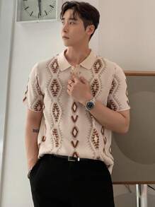 DAZY Men Geo Pattern Polo Neck Knit Top - Khaki - View 7