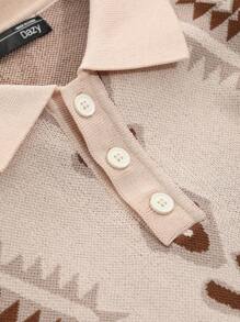 DAZY Men Geo Pattern Polo Neck Knit Top - Khaki - View 8