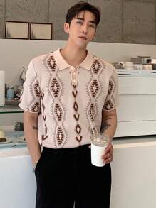DAZY Men Geo Pattern Polo Neck Knit Top - Khaki - View 9