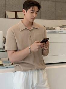 DAZY Men Cotton Solid Pocket Patched Polo Shirt Fall Business Attire - Khaki - View 6